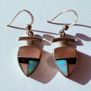 Navajo Native American Sheila Tso Opal MOP Onyx Inlay Sterling Silver Earrings